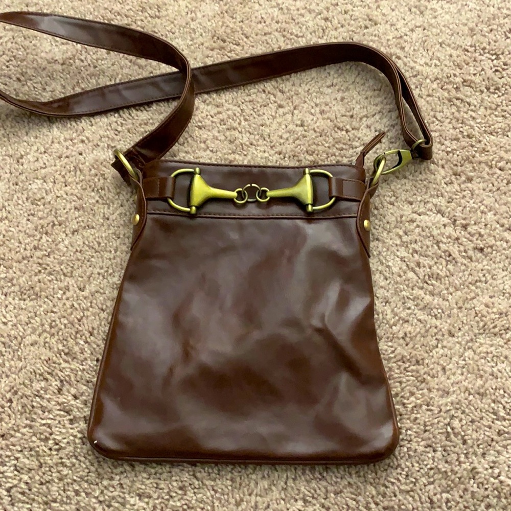 Brown Leather Crossbody Bag with Gold-Tone Bit Detail
